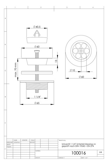 ASW Universalventil 1 1/4"xd= 60mm, Unterteil, Messing, Sieb poliert