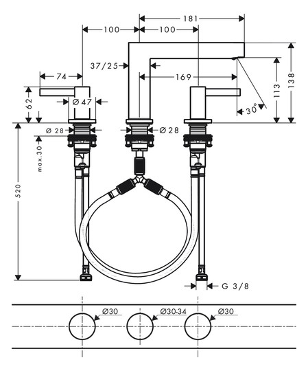 hansgrohe 3-Loch-Waschtisch-Armatur 110 Finoris mit Push-Open-Ablaufgarnitur, mattschwarz