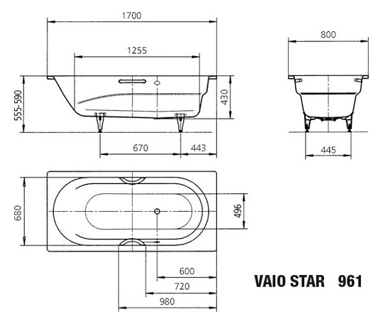 Kaldewei Badewanne VAIO STAR 961 170x80cm, Griffloch, Perl-Effekt, SÜL, Ruschhemmend, manhattan
