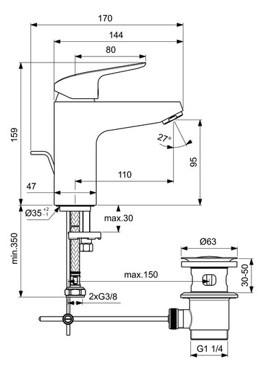 Ideal-Standard Waschtisch-Einhebelmischer CeraFlex Grande mit Ablaufgarnitur, Ausladung 110mm, chrom