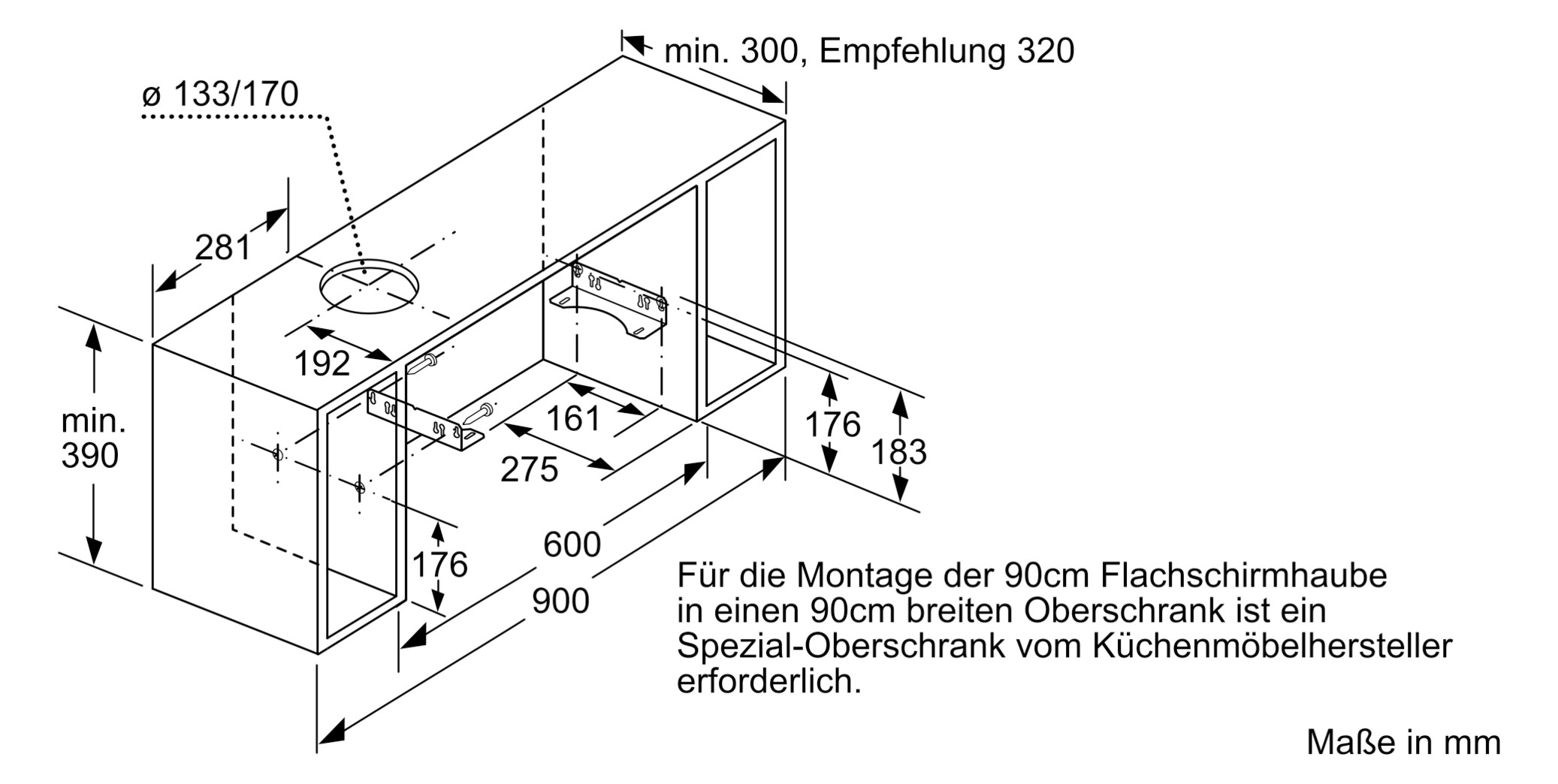 Dunstabzugshaube Flschirm 900mm si A LED 63dB 412cbm/h Ø120-150mm 4st Abl/Uml