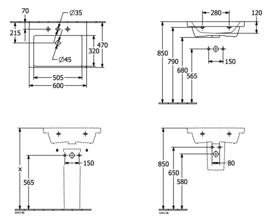 V&B Schrank-Waschtisch Subway 3.0 60x47cm, eckig, mit 1 Hahnloch/ohne Überlauf, weiß C-plus