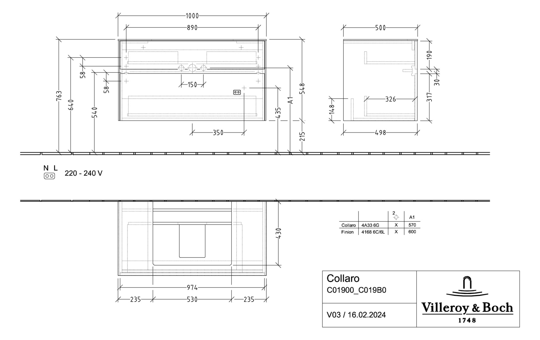 V&B Waschtischunterschrank Collaro 100x54,8x50cm, Waschtisch mittig, LED-Beleuchtung 7,3 W, white wood