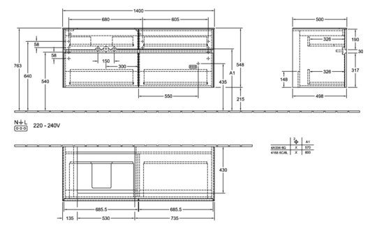 V&B Waschtischunterschrank Collaro 140x54,8x50cm, Waschtisch links, white wood