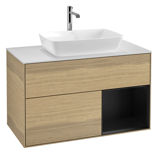 V&B Waschtisch-Unterschrank Wandbeleuchtung Finion 100cm, Abdeckplatte white matt, Regal Black matt lacquer, Oak Veneer