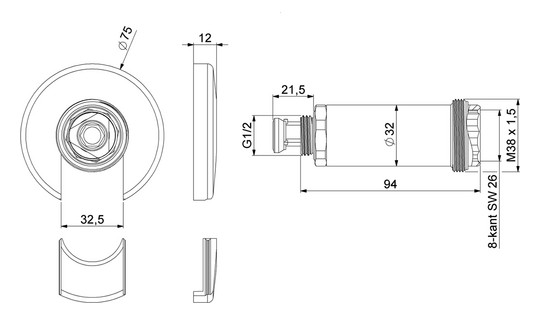 Deltamess Mantelrohr 1/2" plus 90 mm, 116,5 mm, mit 2-tlg. Wandabdeckrosette, verchromt