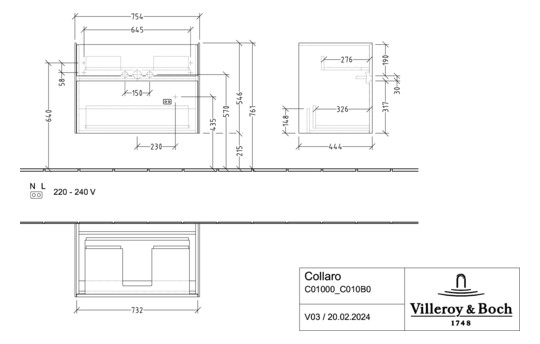 V&B Waschtischunterschrank Collaro 75,4x54,6x44,4cm, Waschbecken mittig, LED-Beleuchtung, truffle grey