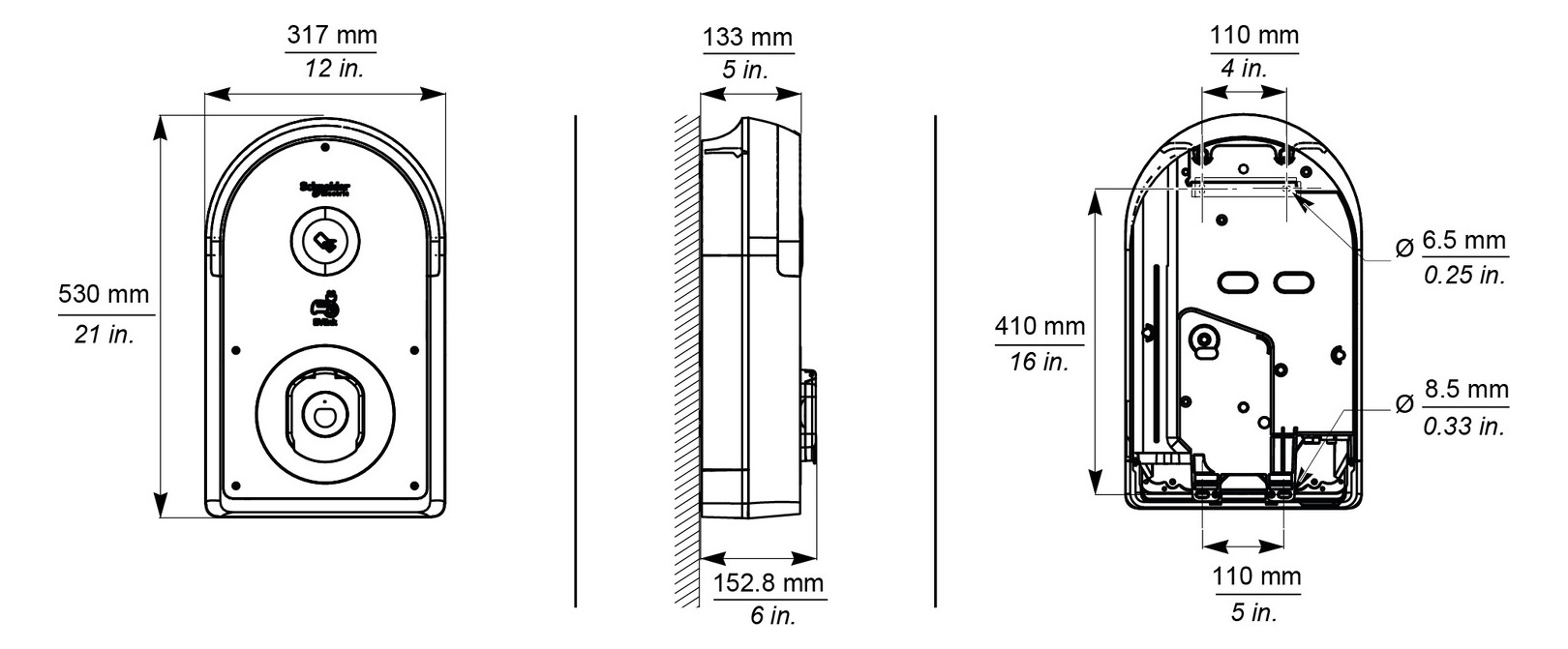 Wallbox 22kVA 3ph L5m 1f 22kW/Ladep IP55 317x529x153mm Wandmont Kst IK10