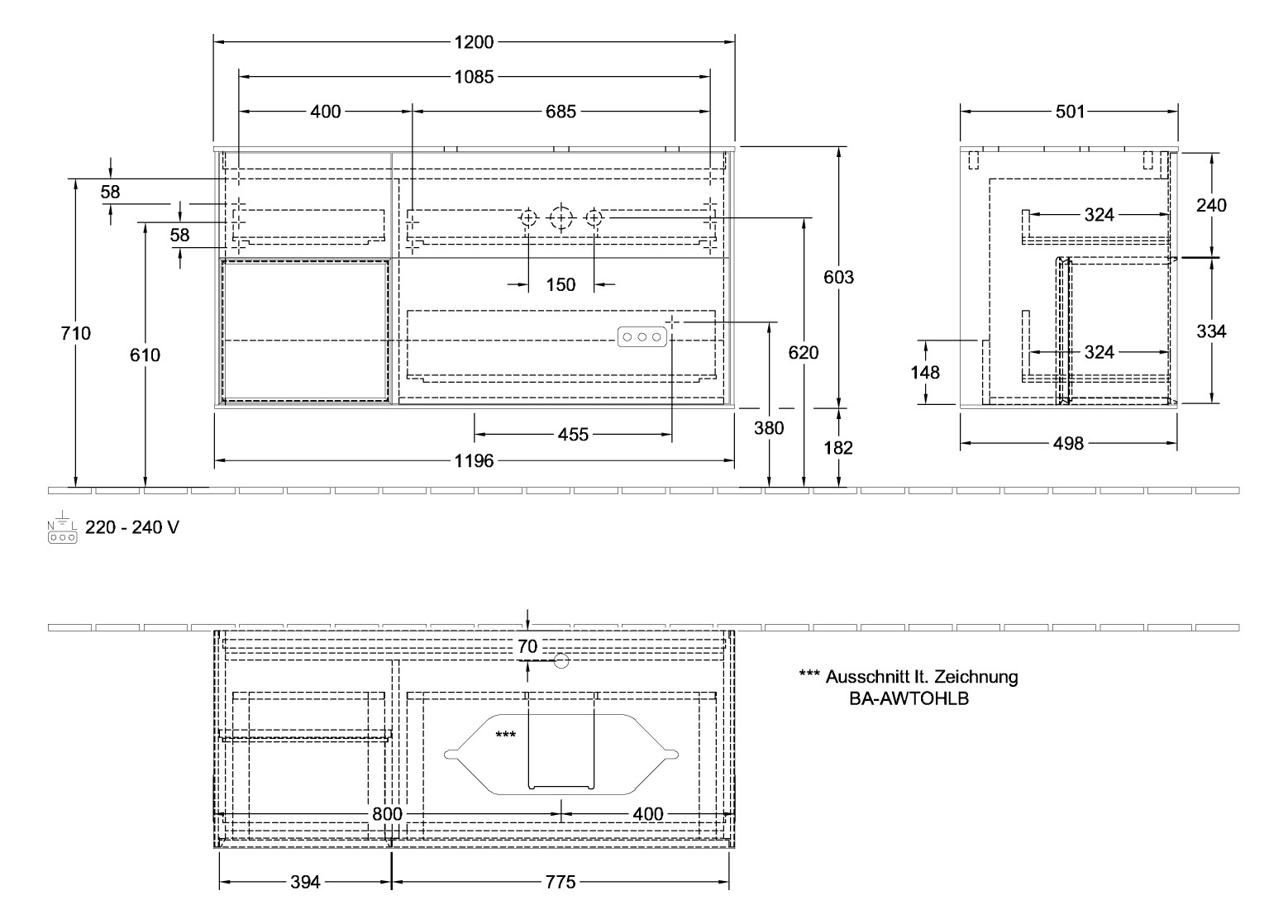 V&B Waschtisch-Unterschrank Finion 120cm, Abdeckplatte white matt, Regal links Black matt lacquer, Anthracite matt