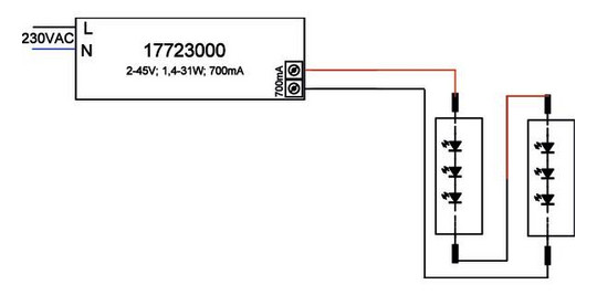LED-Trafo 1,4-31W 700mA 44,2V IP20 stat Kstgeh 146,5x43x30mm