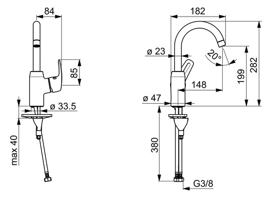 HANSA Waschtisch-Einhebelmischer HANSAPINTO Hebel seitlich, ohne Ablaufgarnitur, Ausladung 148mm, chrom