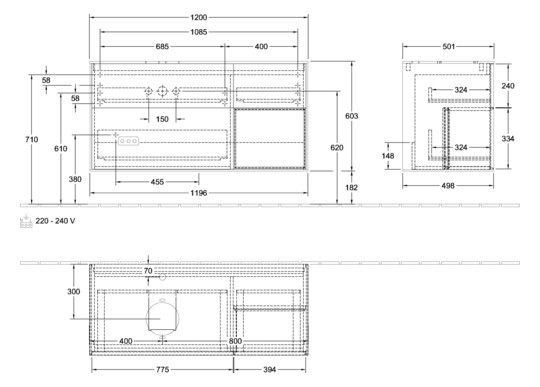 V&B Waschtisch-Unterschrank Finion 120cm, Abdeckplatte white matt, Regal Walnut Veneer, Black matt lacquer