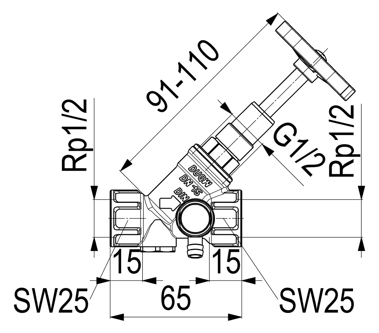 Schlösser KFR-Ventil 1620 DN 15, Rp 1/2, mit Entleerung, steigende Spindel