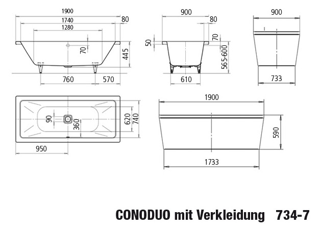 Kaldewei Badewanne CONODUO 734-7 190x90cm, mit Schürze, Standard, weiß