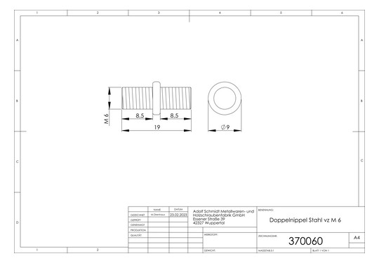 ASW Doppelnippel M 6, Stahl verzinkt