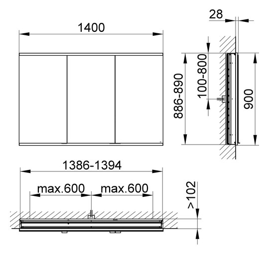 KEUCO Spiegelschrank Royal Modular 2.0 1400 x 900 x 120 mm, 2 Steckdosen, Wandeinbau, 3 Türen, beleuchtet