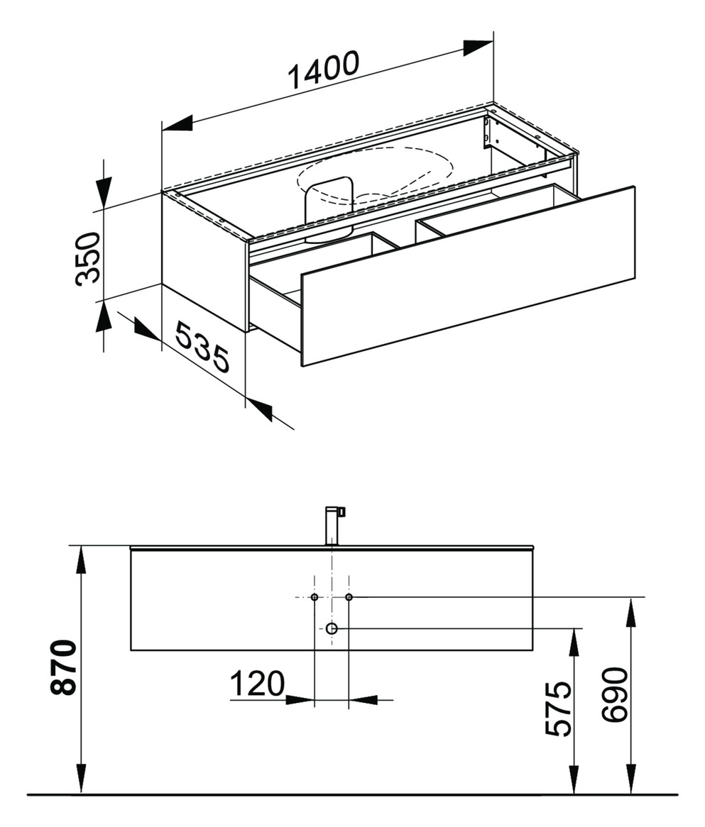 KEUCO Waschtischunterschrank Edition 11 Planning 140x35x53,5cm, 1 Frontauszug, Innenbeleuchtung, Strukturlack Weiß