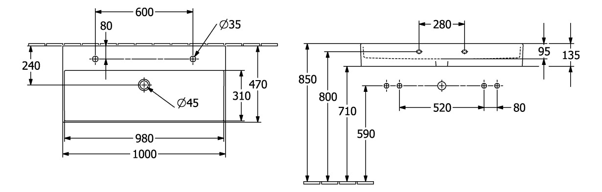 V&B Waschtisch Memento 2.0 100x47cm, 2xHahnloch, mit Überlauf, weiß alpin C-plus