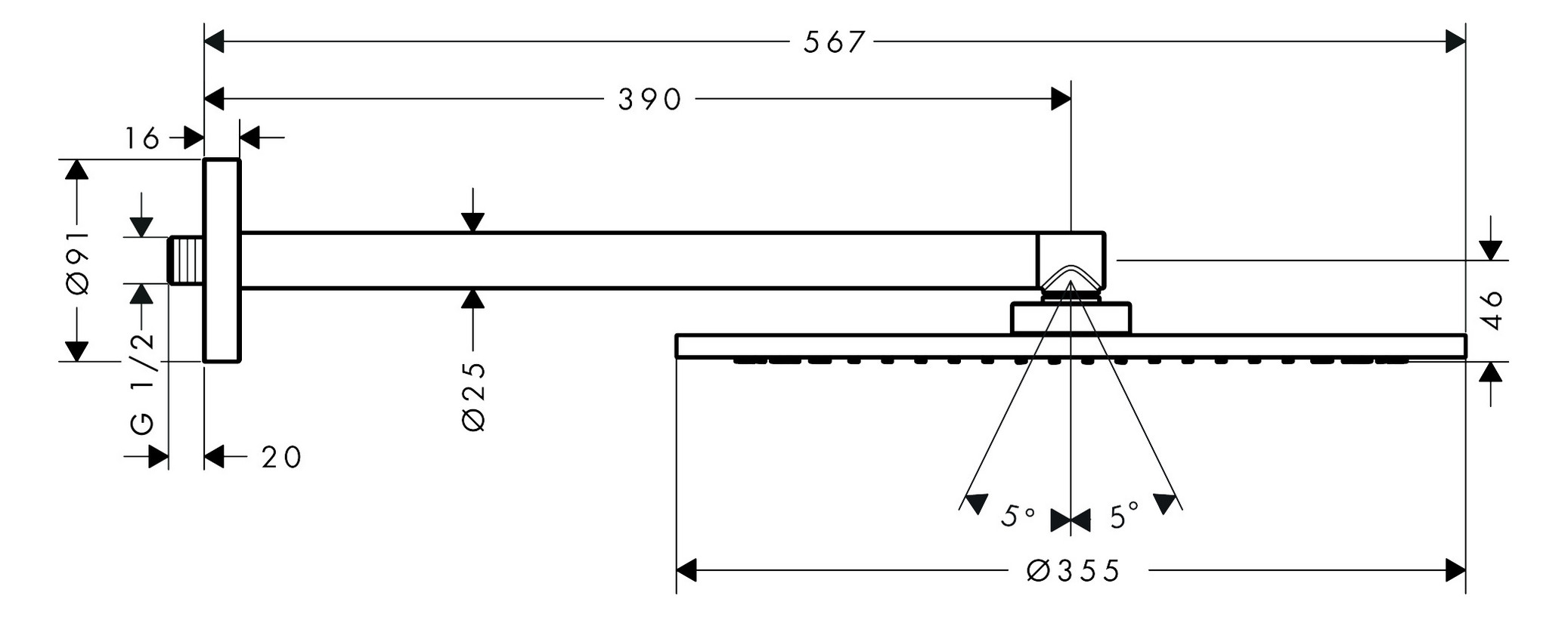 hansgrohe Kopfbrause Axor mit Brausearm, Wandmontage, 350mm, 1jet, polished gold optic