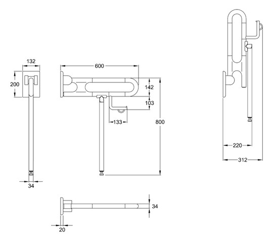Normbau Stützklappgriff Nylon Care 800mm, 600 mm, Bodenstütze, Papierrollenhalter, verkehrsgrau