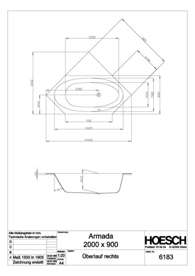 Hoesch 6-Eck-Badewanne Armada 200x90cm, Überlauf rechts, weiß