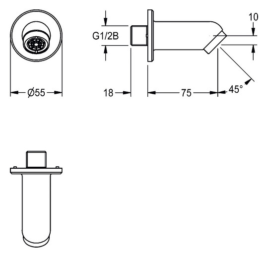 Aquarotter Wandauslauf für Wandeinbau-Wascharmaturen, Ausladung 75 mm, 45°, 6l