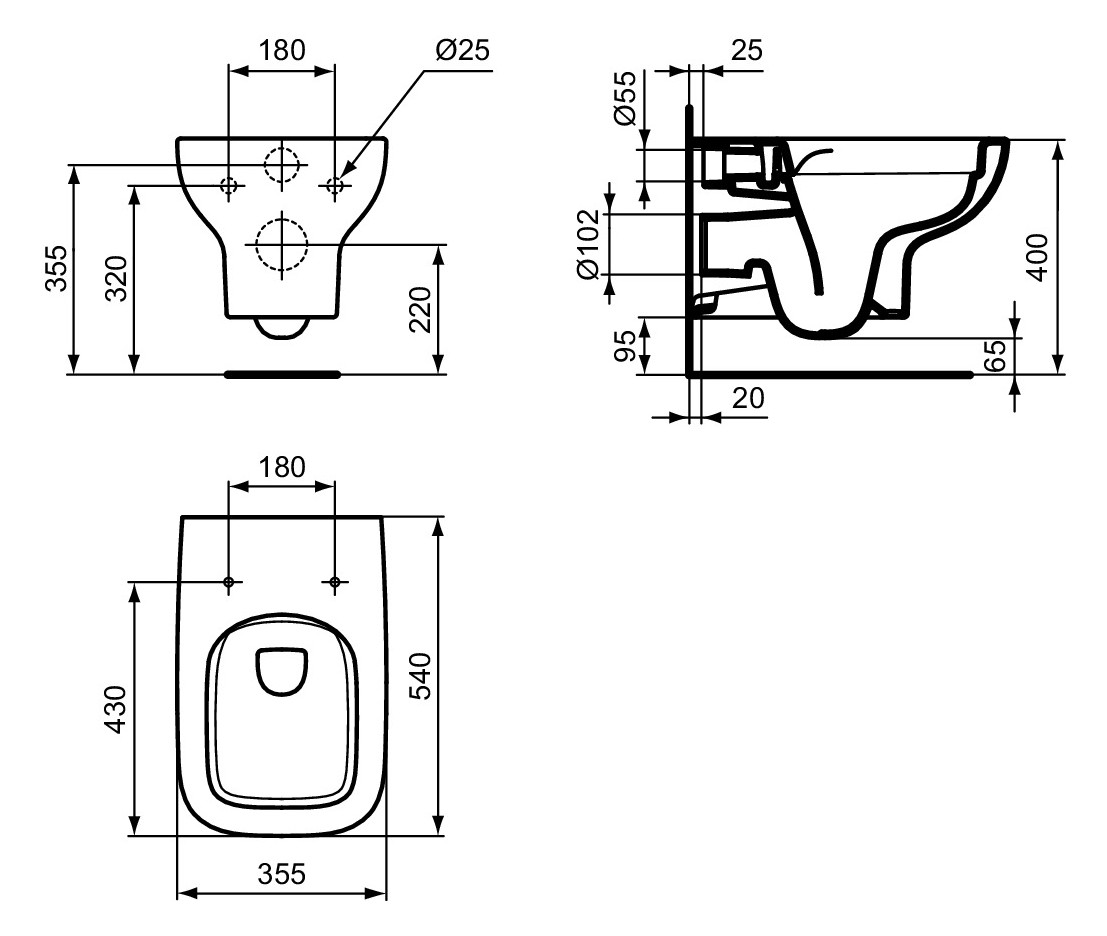 Ideal-Standard Wand-WC i.life A 35,5x54x33,5cm, ohne Spülrand, weiß