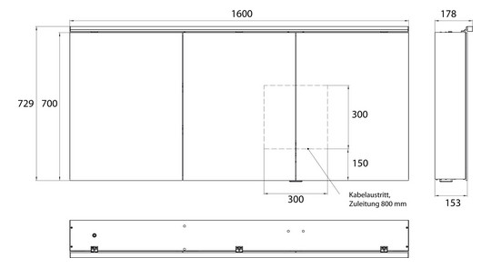 EMCO Aufputz-Lichtspiegelschrank pure 2 Classic 1600x729mm, mit LED-Aufsatzleuchte, 3-türig, Aluminium