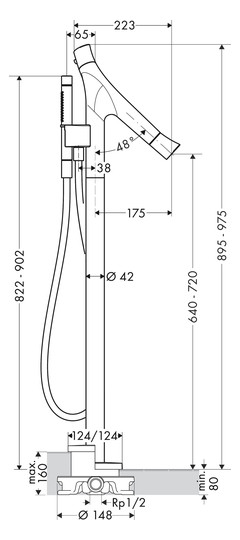 hansgrohe Fertigmontageset Axor Starck Organic Wannenthermostat, Ausladung 175mm, bodenstehend, chrom