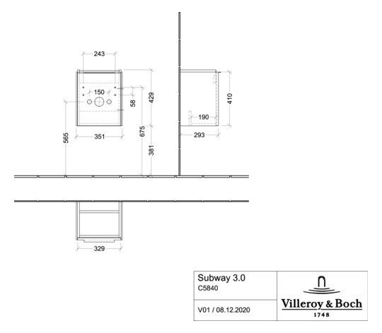 V&B Waschtisch-Unterschrank Subway 3.0 35,1x42,9x30,9cm, Schanier rechts/Griff Volcano black, taupe