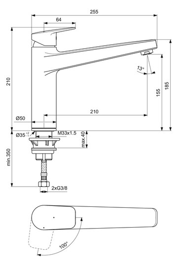 Ideal-Standard Spültisch-Einhebelmischer CeraPlan Ausladung 210mm, verchromt, hoch angesetzter Auslauf, BlueStart