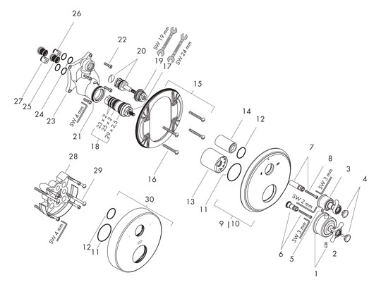 hansgrohe Fertigmontageset Axor Montreux UP-Thermostat, mit Ab- und Umstellventil, Kreuzgriff, chrom