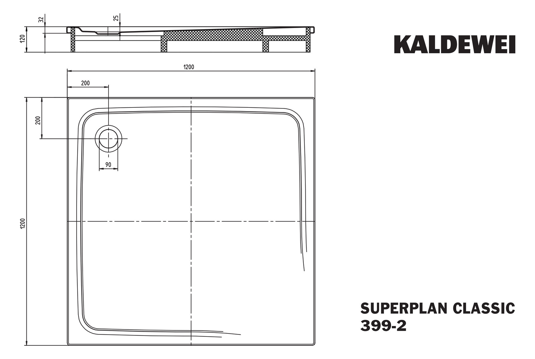 Kaldewei Duschwanne SUPERPLAN CLASSIC 399-2 120x120x2,5cm, mit Träger, Antislip, weiß
