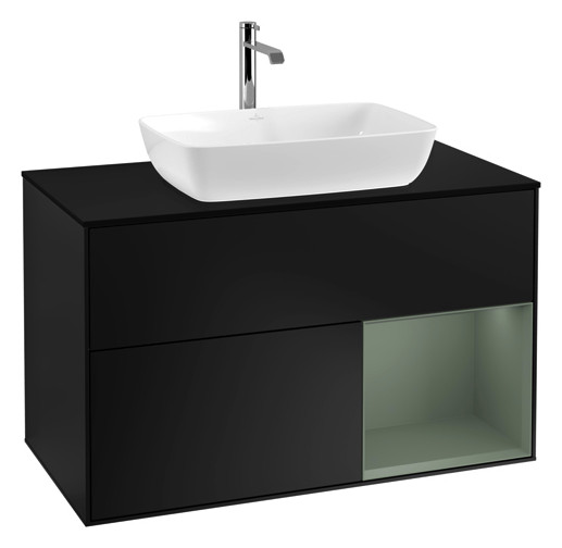 V&B Waschtisch-Unterschrank Wandbeleuchtung Finion 100cm, Abdeckplatte black matt, Regal Olive matt lacquer, Black matt lacquer