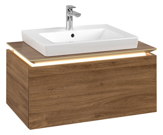 V&B Waschtischunterschrank Legato 80x38x50cm, Waschtisch mittig, mit LED-Beleuchtung, Kansas Oak