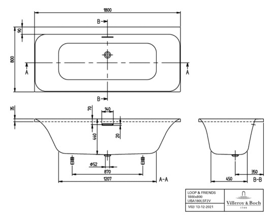 V&B Eck-Badewanne Duo LOOP & FRIENDS 180x80cm, eckige Innenform, weiß