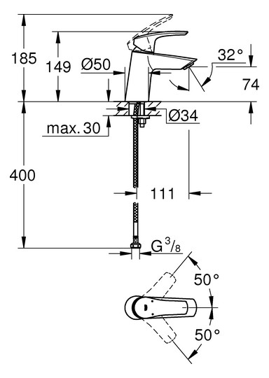 GROHE Waschtisch-Einhebelmischer Eurosmart 1/2", S-Size, glatter Körper, geneigte Version, chrom