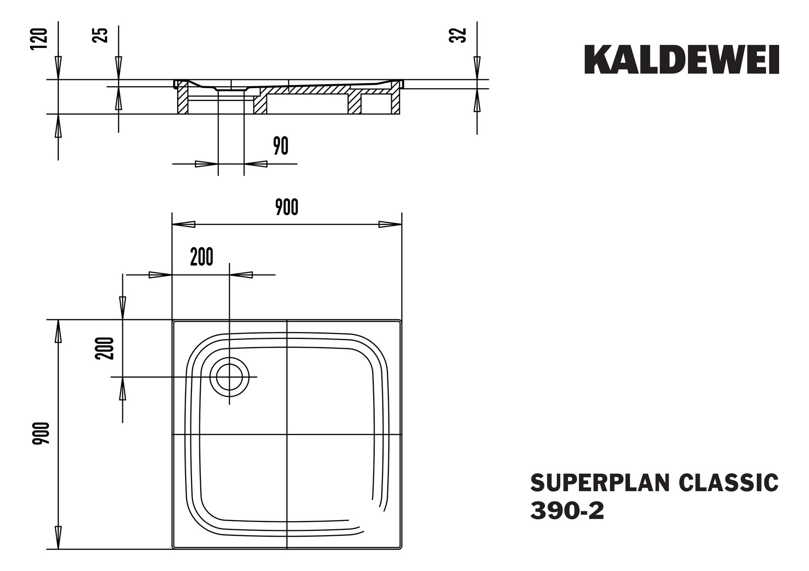 Kaldewei Duschwanne SUPERPLAN CLASSIC 390-2 90x90x2,5cm, mit Träger, Vollantislip, pergamon