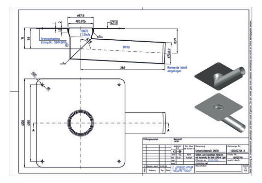 LORO Flachdachablauf Untereinheit X-Light ohne Wärmedämmung, Edelstahl, Auslauf seitlich 3°, DN 70