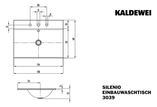 Kaldewei Einbau-Waschtisch SILENIO 3039, 120 x 46 cm, bahamabeige Perl-Effekt, ohne Überlauf, 3 Hahnlöcher