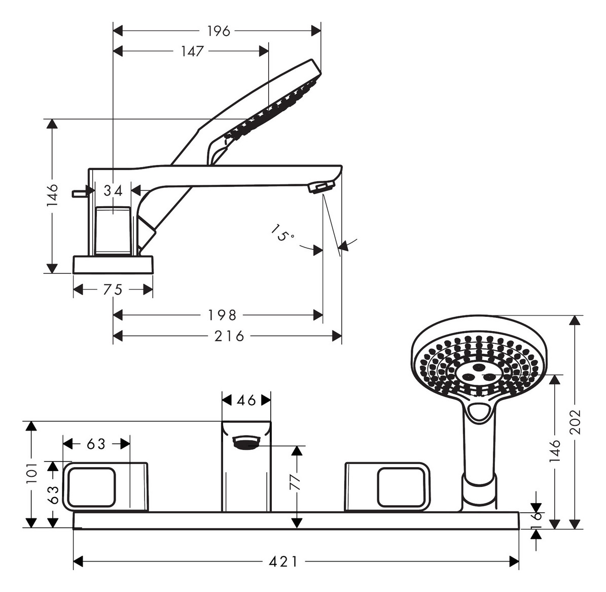 hansgrohe Fertigmontageset Axor Urquiola 4-Loch-Wannenrandarmatur, Ausladung 198mm, chrom