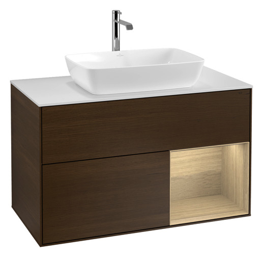 V&B Waschtisch-Unterschrank Wandbeleuchtung Finion 100cm, Abdeckplatte white matt, Regal Oak Veneer, Walnut veneer