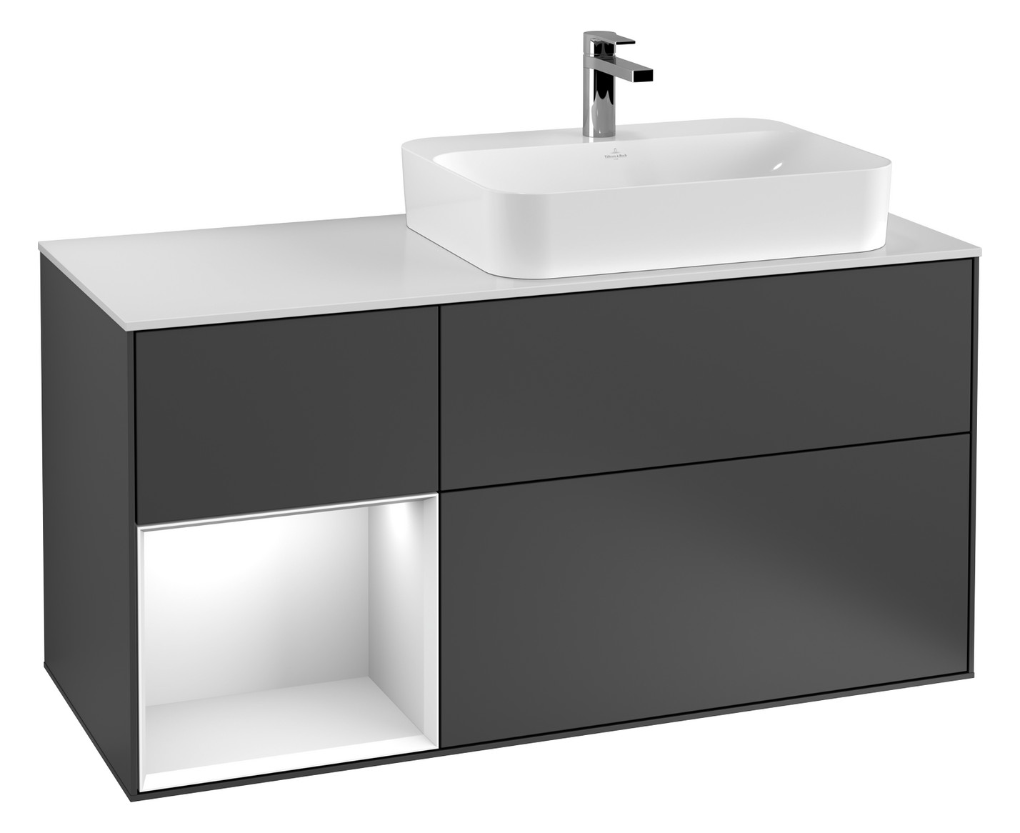 V&B Waschtisch-Unterschrank Finion 120cm, Abdeckplatte black matt, Regal links Oak Veneer, Olive Matt Lacquer