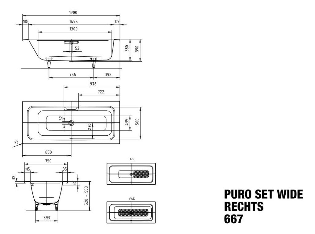 Kaldewei Badewanne PURO SET WIDE rechts 667 170x75cm, Überlauf mittig, Griffloch, Perl-Effekt, Rutschhemmend, pergamon