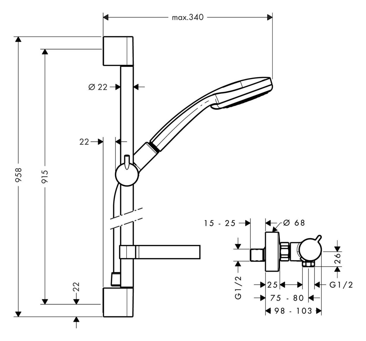 hansgrohe Brausesystem Croma 100 Multi 958 mm Brausestange, mit Thermostat, chrom