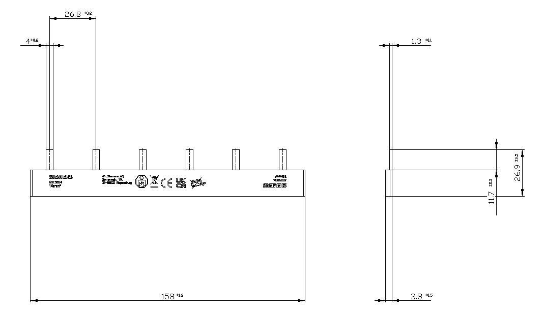 Phasenschiene 2ph 18mm 156,5mm 16qmm 80A Stift Isoliert