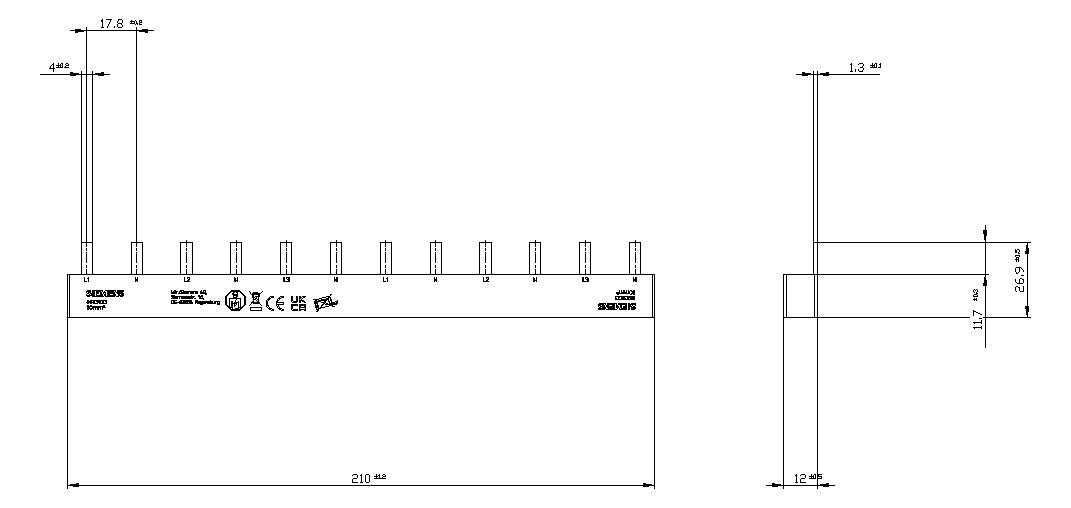Phasenschiene 4ph 18mm 215mm 10qmm 63A Stift Isoliert