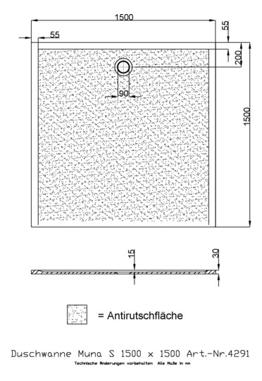 Hoesch Mineralguss-Duschwanne Muna 150 x 150 x 3 cm, weiß, Solique, Antirutsch