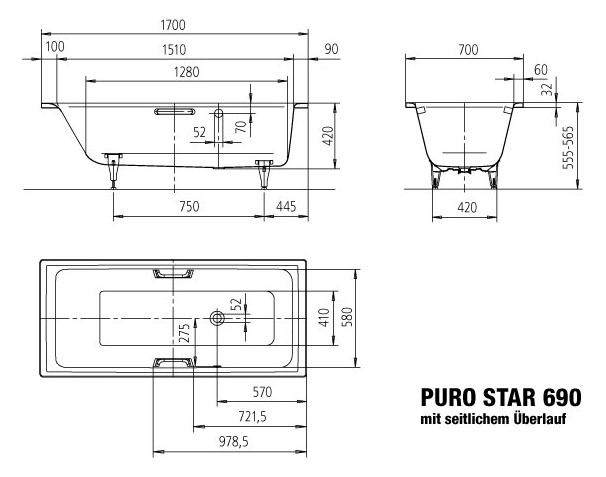 Kaldewei Badewanne PURO STAR 690 170x70cm, Überlauf seitlich, Standard, manhattan