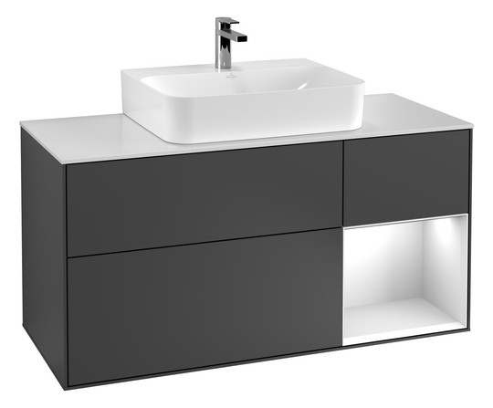 V&B Waschtisch-Unterschrank Finion 120cm, Abdeckplatte white matt, Regal rechts White matt lacquer, Oak Veneer